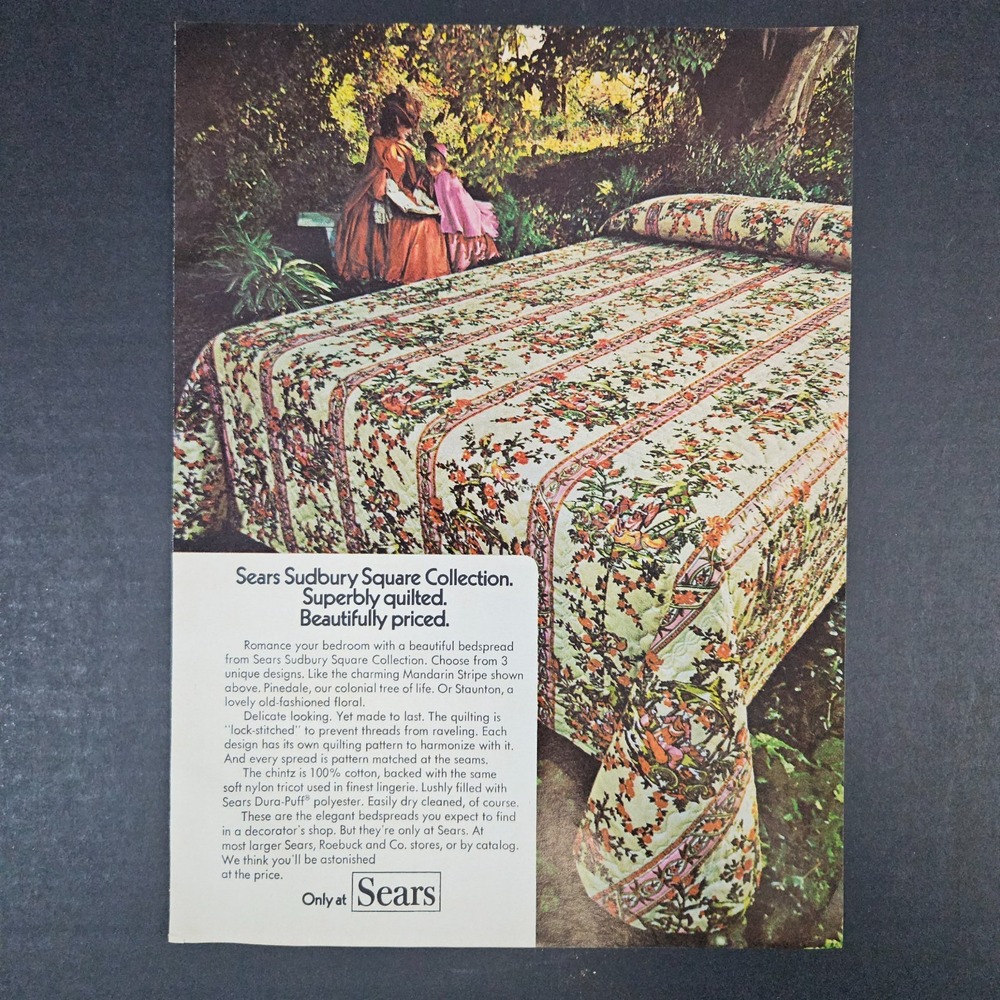 1974 Sears Sudbury Square Collection Bedspread Vintage Print Ad Victorian Family